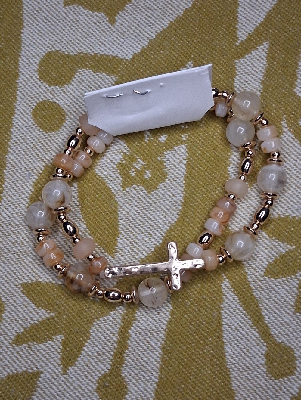 Gold-Tone Lite Brown Beaded Cross Stretch Bracelet